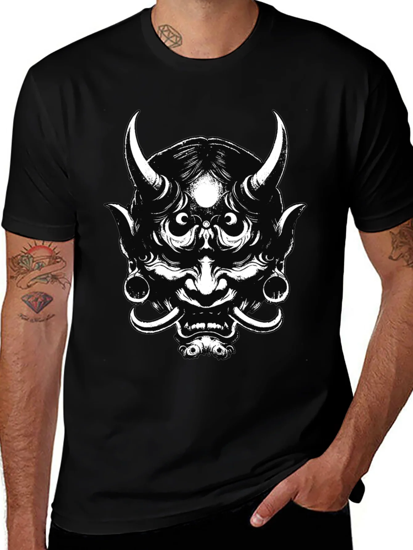 Mens Black Graphic Tee - Oni Mask Design