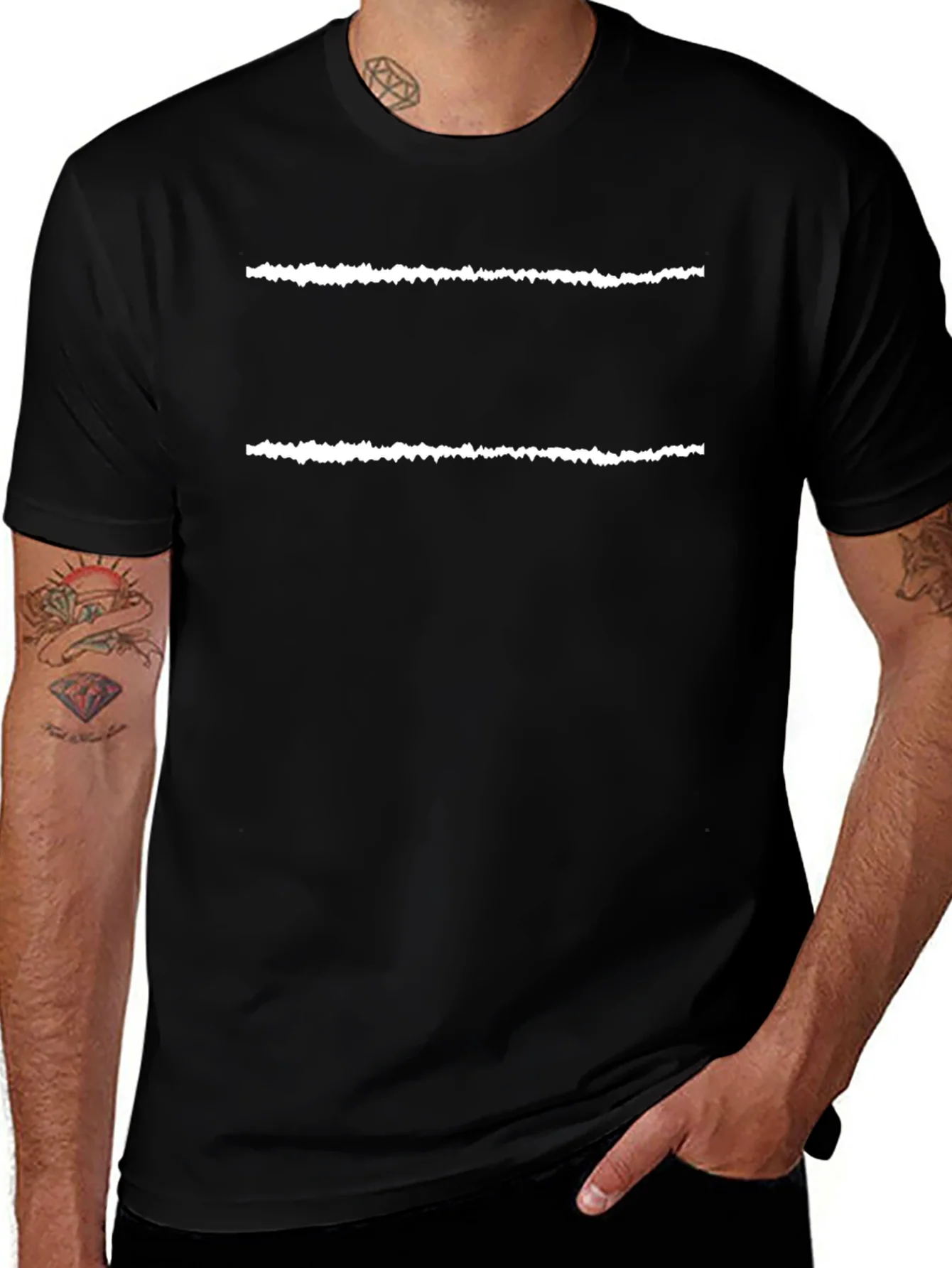 Mens Black T-Shirt with White Line Design