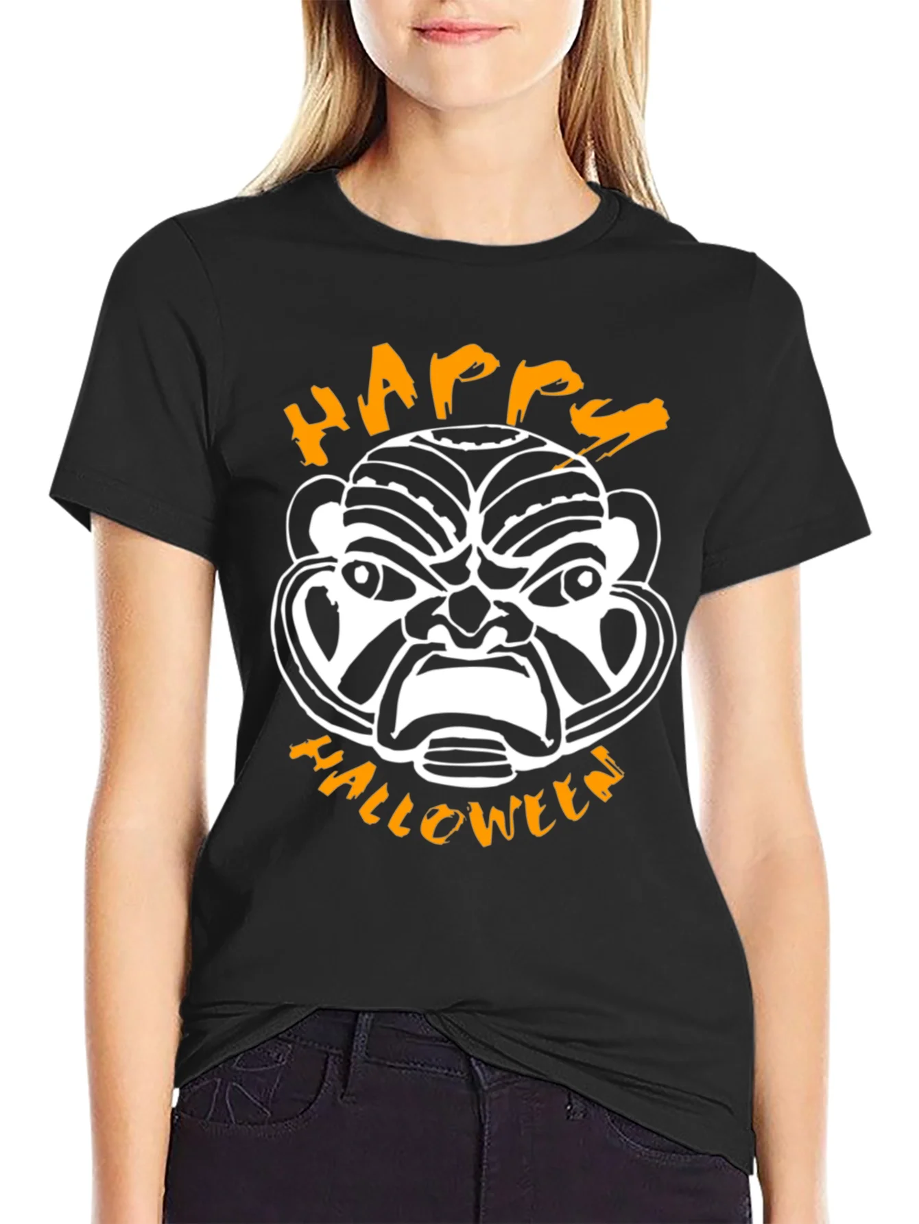 Happy Halloween Mask Graphic Tee - Black