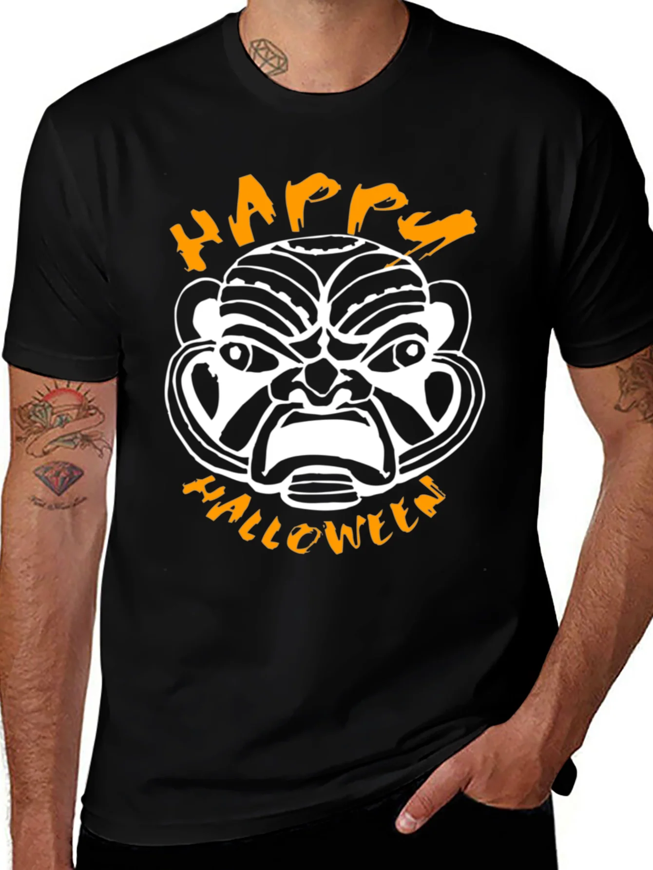 Happy Halloween Mask Graphic Tee - Black